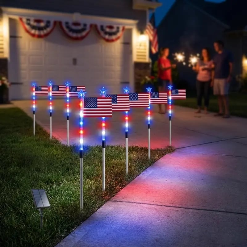 👌8 Solar American Flag Pathway Lights – Red, White & Blue Yard Glow for 250th Independence Celebration 🇺🇸 (Copy)
