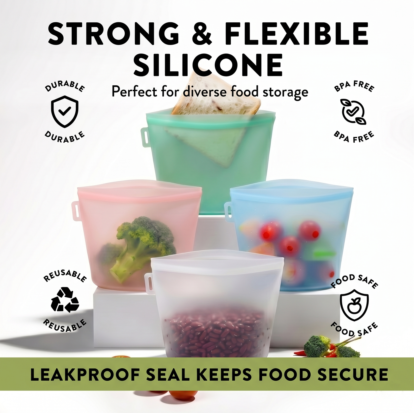 ❤️Reusable Silicone Food Storage Bags – Set of 3 Multicolor (500ml/17oz, 1000ml/34oz, 1500ml/51oz) (Copy)